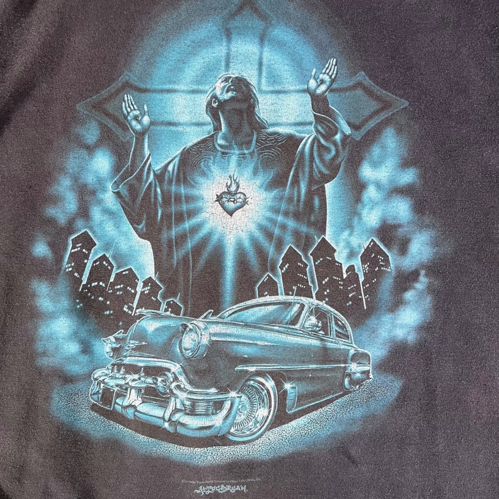 Vintage ODM Aztec Dream Jesus Lowrider Chicano Art T-Shirt Black Faded XL - Picture 3 of 8